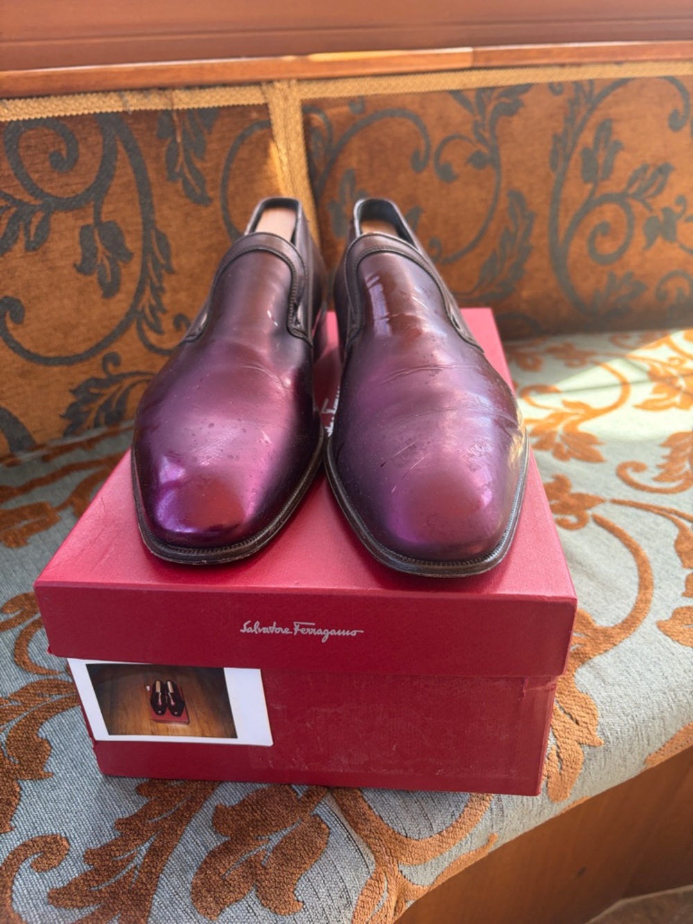 Salvatore Ferragamo Men’s Slip-On Loafers — Shimmery Burgundy